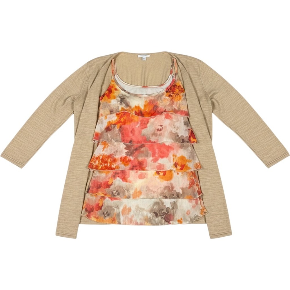 Notations Womens Tan Cardigan and Floral Tiered Tank Top 2 Piece Twin Set Large
